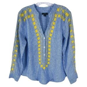 J Crew V-Neck Striped Linen Embroidered Top Tunic S
